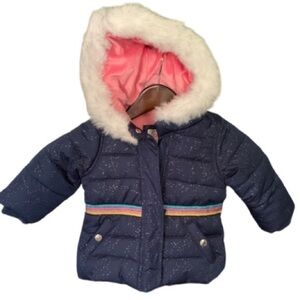 Carter's Little Girls Parka Winter Coat Size 12 Months Navy Fur Trim Hooded Coat
